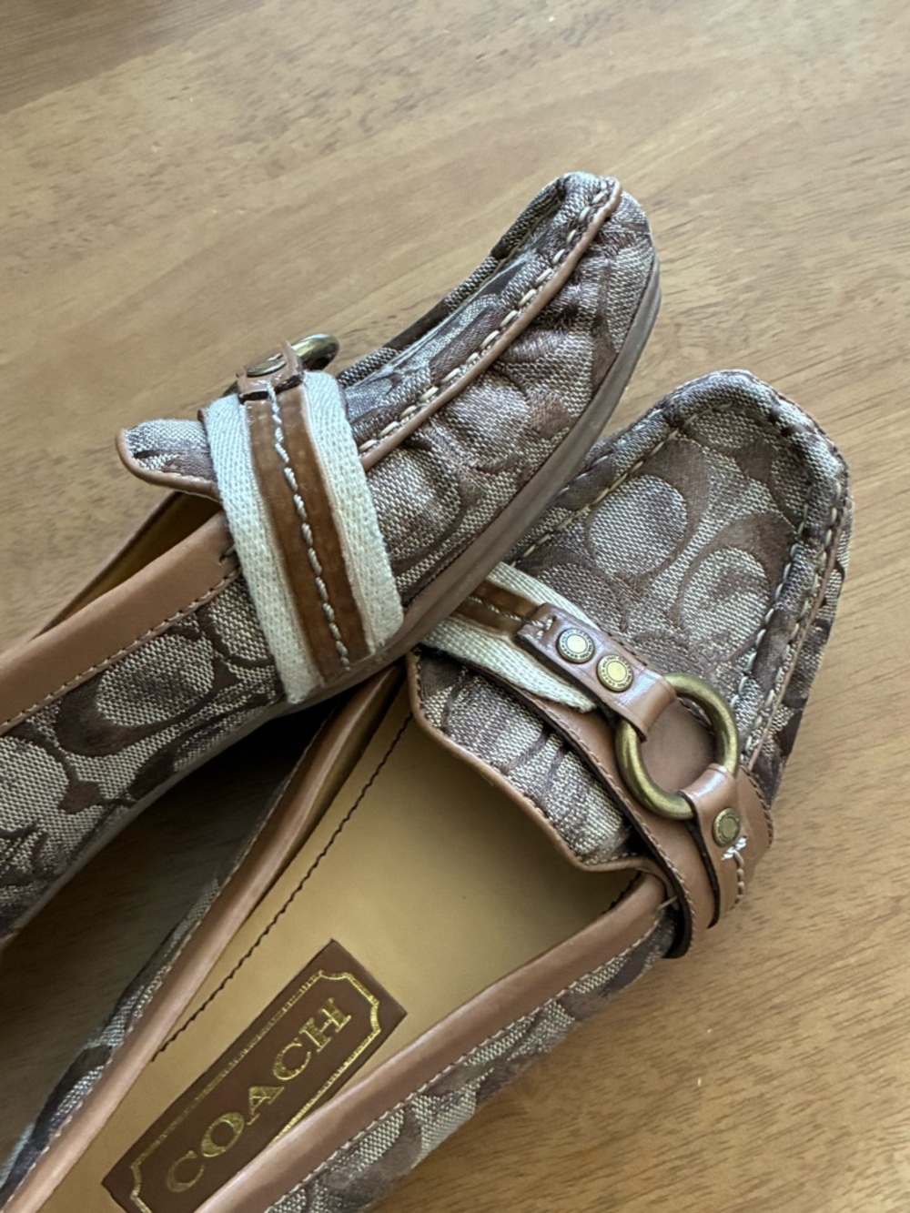 COACH Brielle Brown and Tan Signature Canvas Loafers with Metal Ring Accent - Picture 3 of 4